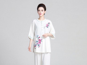 Tai Chi Clothing Half-sleeve Suit for Women Summer Linen Embroidery