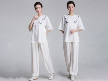 Tai Chi Clothing Short-sleeve Suit for Women Summer Embroidery Linen  