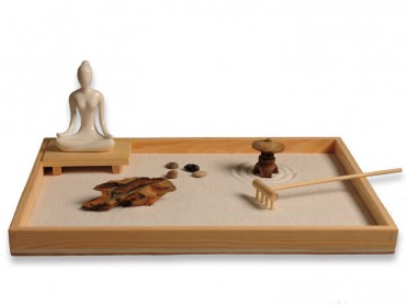 ICNBUYS Zen Garden with Buddha Status Wooden Rake Rocks and Mini Pavilion Set with Free Rake and Pushing Sand Pen