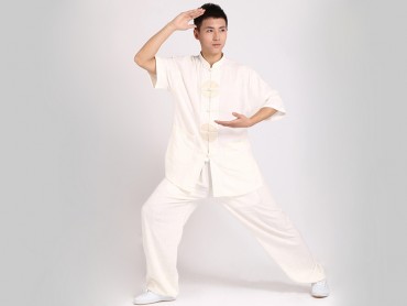 Tai Chi Clothing Uniform Man Summer Half Sleeve White Elastic Flax