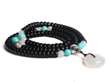 Buddhist Prayer Wrap Bracelet Necklace 108 Coconut Shell Beads with Lobular Rosewood Calcedony Stone Mala