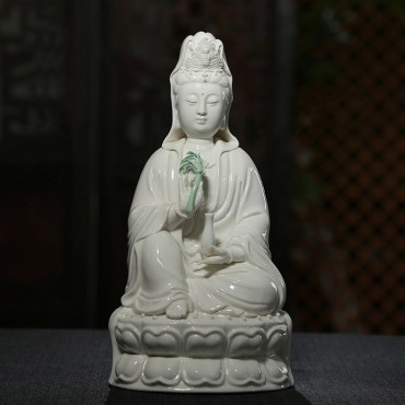 White/Pink Ceramics Guanyin Buddha Statue with Ancient Sacred Lotus Seat  Handicraft Ornament 