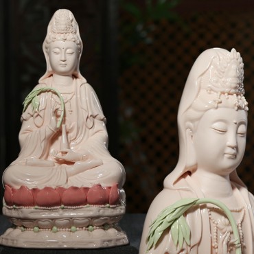 14 inch Pink Ceramics Guanyin Buddha Statue Handicraft Ornament (Sitting on the Lotus Seat)