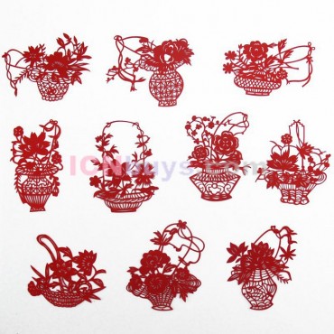 Chinese Paper Cutting Red Flowers Baskets Set