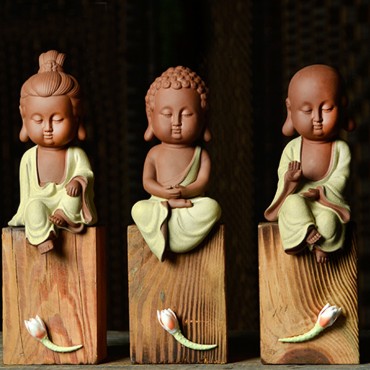 Q-Version Sakyamuni/ Guanyin/ Ksitigarbha Buddha Original Porcelain Ornament Handicraft with wood block base