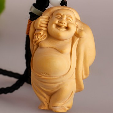 Wood Carving Chinese Maitreya Buddha WIth Bag Handicraft Ornament  Pendant