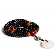 Buddhist Prayer Wrap Bracelet Necklace 108 Coconut Shell Beads with Lobular Rosewood Calcedony Stone Mala